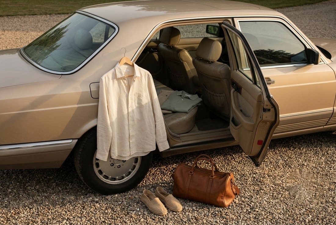 Camisa de lino en un coche clásico, escapada de fin de semana